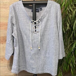 Susan Graver Blue Chambray Lace-Up Blouse